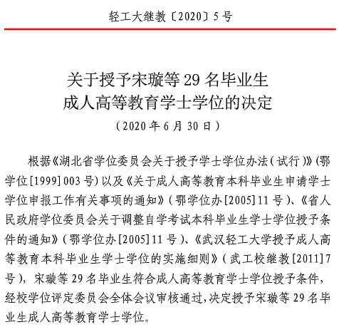 武漢輕工大學授予宋璇等畢業(yè)生成教學士學位的通知