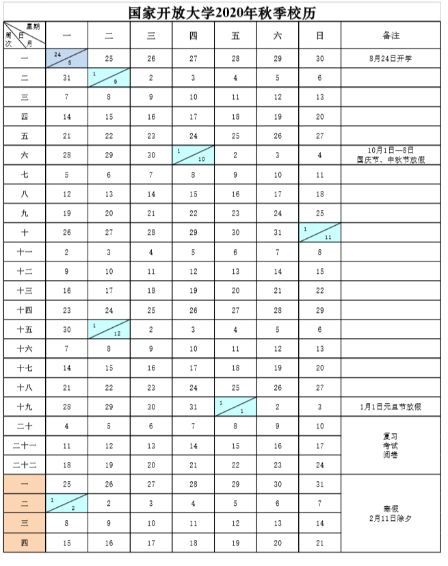 2020年國(guó)家開(kāi)放大學(xué)秋季校歷